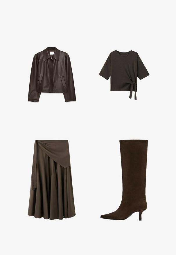 Dunkelbraune Lederjacke mit Frontreißverschluss, weitem Kragen, langen Ärmeln und zwei schrägen Seitentaschen, flach auf einem weißen Hintergrund gezeigt.; Schwarzes Kurzarmshirt mit Rundhalsausschnitt und einer seitlichen Bindedetail am unteren rechten Saum.; Brauner Midirock zum Wickeln mit breitem Bund und langem Bindeband, ausgestattet mit weichen Falten für eine fließende Silhouette.; Hoher dunkelbrauner Wildleder-Kniefall-Stiefel mit spitzer Zehe und niedrigem dünnem Absatz.