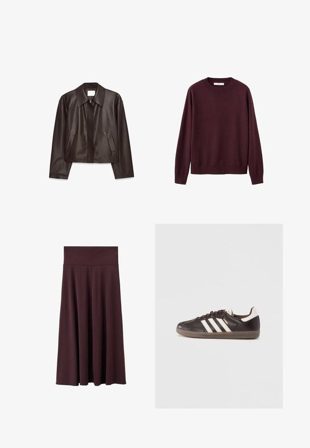 Veste en cuir marron foncé avec fermeture éclair devant, large col, manches longues et deux poches latérales inclinées, présentée à plat sur un fond blanc.; Pull en maille bordeaux avec col rond, manches longues, poignets et ourlet côtelés. Texture lisse, design minimaliste, sans motifs ni ornements.; Jupe midi bordeaux en tissu doux avec une large ceinture élastique. Présente une coupe fluide qui se resserre légèrement vers l'ourlet.; Baskets en cuir marron foncé avec un design à trois bandes blanches, une semelle en caoutchouc et l'inscription "Samba" en lettres dorées sur le côté. Forme classique basse.