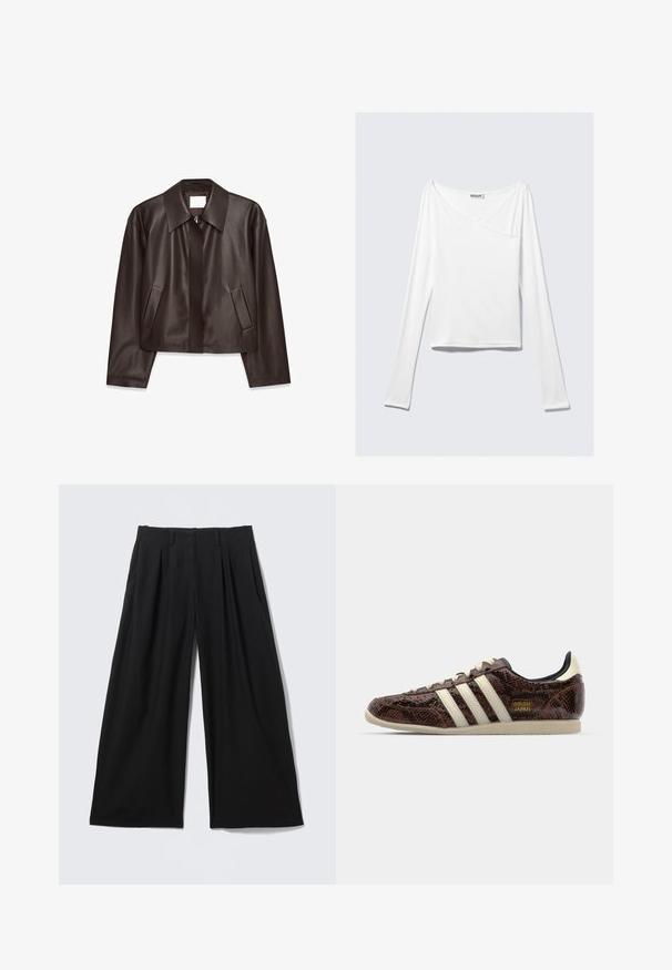 Chaqueta de cuero marrón oscuro con cremallera frontal, amplio collar, mangas largas y dos bolsillos laterales en ángulo, mostrada plana sobre un fondo blanco.; Top blanco de manga larga con diseño cruzado y un bolsillo. Fabricado en una tela suave y elástica. Con un corte casual y relajado.; Pantalones negros de pierna ancha con pliegues frontales, trabillas para cinturón y cierre frontal oculto, extendidos sobre un fondo claro.; adidas Originals JAPAN - Zapatillas - preloved brown/cream white/core black