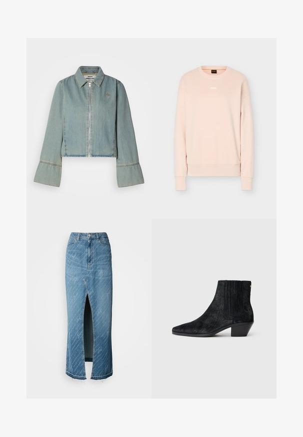Korte denimjack in lichtblauw met een ritssluiting aan de voorkant, puntige kraag en klokmouwen. Bevat subtiele stikdetails en een geborduurd logo.; Lichtroze sweater met lange mouwen en ronde hals, met geribbelde manchetten en zoom, voorzien van een klein wit BOSS-logo in het midden van de borst.; Blauwe denim midi-jurk met een voorknoop, vervaagde textuur en wit scriptpatroon. Beschikt over een klassieke tailleband en een rafelige zoom.; Zwarte enkelboot met een spitse neus, textuur die lijkt op haar, ribbelpaneel aan de zijkant en een lage blokhak. Eenvoudig en modern ontwerp.