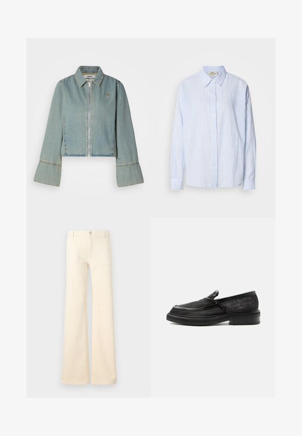 Kraftig denimjakke i lys blå med en frontlynlås, spidse kraver og klokkeærmer. Har subtile syninger og et broderet logo.; Lyseblå stribet button-up skjorte med klassisk krave, lange ærmer og en afslappet pasform, med smalle vertikale striber i kontrasterende farver.; Cremefarvede bukser med flare, der har en glat tekstur, med to baglommer og knaplukning foran. Lige snit med høj talje.; Sort slip-on loafer med tekstureret læderoverdel og tyk sål vist i profil på hvid baggrund.
