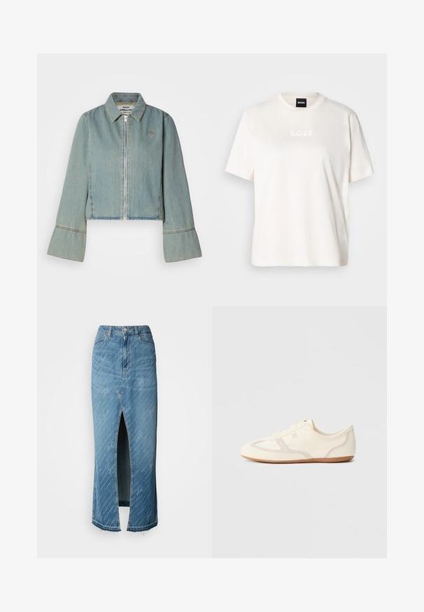 Kraftig denimjakke i lys blå med en frontlynlås, spidse kraver og klokkeærmer. Har subtile syninger og et broderet logo.; Hvid bomulds-T-shirt med rund halsudskæring, korte ærmer og et præget "BOSS"-logo på brystet. Blød tekstur og løs pasform.; Blå denim midi-nederdel med en frontslid, falmet tekstur og hvidt skriftmønster. Har et klassisk taljebånd og frynset kant.; Sneakers i cremefarve med overdel i ruskind og stof, rundet tå og gummisål med beige detaljer. Snørelukning.