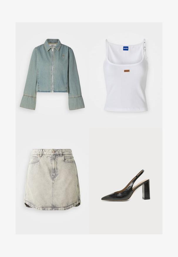 Kraftig denimjakke i lys blå med en frontlynlås, spidse kraver og klokkeærmer. Har subtile syninger og et broderet logo.; Hvid ribbet tanktop med justerbare stropper, der har et blåt logo-label og et lille brunt tag, fremstillet af blødt, strækbart materiale.; Denim nederdel i lys grå med en falmet tekstur, der har en knappet talje, forlommer og en let buet sømdesign.; Sort læder peep-toe slingback sko med blokhæl og et lille logo på siden, sat mod en enkel hvid baggrund.
