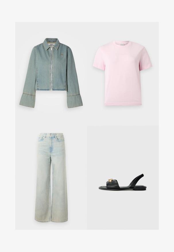 Kraftig denimjakke i lys blå med en frontlynlås, spidse kraver og klokkeærmer. Har subtile syninger og et broderet logo.; Lyserød T-shirt med korte ærmer og rund hals med et diskret præget "Calvin Klein"-logo i midten af brystet.; Lyseblå jeans med høj talje og vide ben, med forreste knap- og lynlåslukning, bæltestropper og fem-lommer design.; Sort lædersandal med slingback og flad sål, der har en guldfarvet spændeaccent på remmen og en glat overflade.
