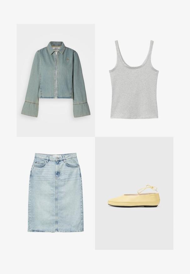Kraftig denimjakke i lys blå med en frontlynlås, spidse kraver og klokkeærmer. Har subtile syninger og et broderet logo.; Lysegrå ærmeløs tanktop med rund halsudskæring lavet af et blødt, meleret stof.; Lyseblå denim nederdel til knæet med forlommer, bæltestropper og knaplukning.; Gule læderballetsko med rund tå, tynd ankelstrop og sort gummisål. Glat tekstur med minimale design detaljer.