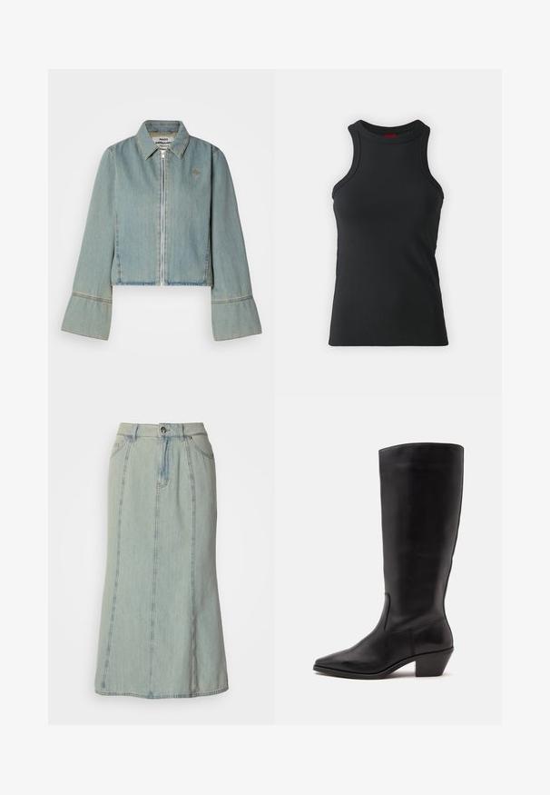 Chaqueta de denim recortada en azul claro con cremallera frontal, cuello puntiagudo y mangas acampanadas. Presenta detalles de costura sutiles y un logo bordado.; Camiseta sin mangas negra hecha de una tela elástica. Presenta un cuello redondo y una silueta ajustada con detalles de costura mínimos.; Falda midi de mezclilla azul claro con botones en la parte delantera, cierre de cremallera, trabillas para cinturón y detalles de costura vertical.; Bota de cuero negra hasta la mitad de la pantorrilla con puntera puntiaguda y tacón bajo inclinado sobre un fondo claro y liso.