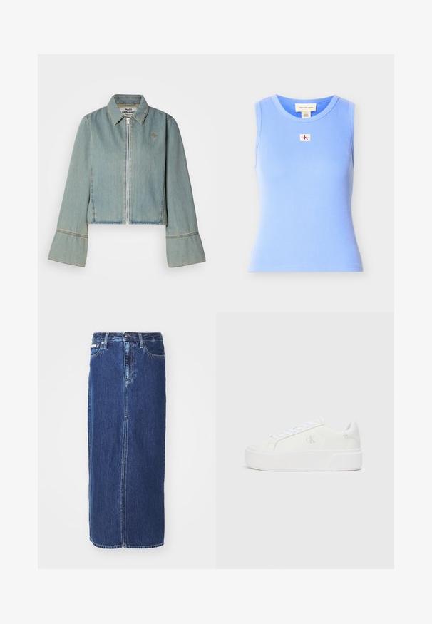 Kraftig denimjakke i lys blå med en frontlynlås, spidse kraver og klokkeærmer. Har subtile syninger og et broderet logo.; Ærmeløs lyseblå ribstrikket tanktop med rund halsudskæring og lille Calvin Klein Jeans logopatch centreret på brystet.; Mørkeblå denimnederdel, knælang, med slidse foran, traditionel talje og fem-lommes design med kontrasterende syninger.; Hvide platform sneakers med en glat læderoverdel, rund tå, hvide snørebånd og diskret logo-detalje på siden. Flad gummisål.