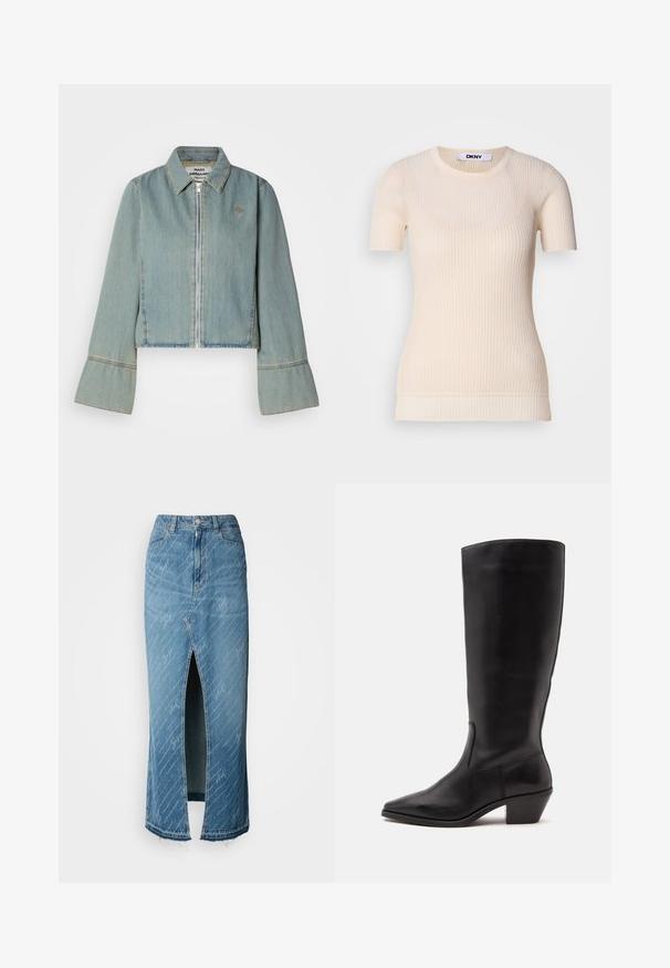Kraftig denimjakke i lys blå med en frontlynlås, spidse kraver og klokkeærmer. Har subtile syninger og et broderet logo.; Creme ribbet kortærmet top med rund hals. Fremstillet af et blødt materiale, som har en tætsiddende pasform og en subtil tekstur. DKNY mærket synligt.; Blå denim midi-nederdel med en frontslid, falmet tekstur og hvidt skriftmønster. Har et klassisk taljebånd og frynset kant.; Sort læderstøvle til midtkalv med spids tå og lavt skråt hæl på en enkel lys baggrund.