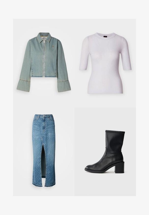 Chaqueta de denim recortada en azul claro con cremallera frontal, cuello puntiagudo y mangas acampanadas. Presenta detalles de costura sutiles y un logo bordado.; Top blanco acanalado con escote redondo y mangas cortas, hecho de una tela suave y ligeramente transparente. Presenta una silueta ajustada.; Falda midi de mezclilla azul con una abertura frontal, textura desgastada y patrón de escritura blanca. Cuenta con una cinturilla clásica y un dobladillo deshilachado.; Botín negro de cuero hasta el tobillo con punta redonda, textura suave y tacón grueso, que presenta un eje ajustado y un sutil detalle de costura.