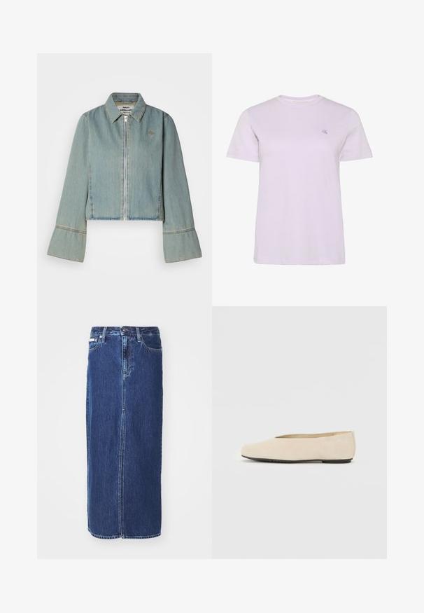 Kraftig denimjakke i lys blå med en frontlynlås, spidse kraver og klokkeærmer. Har subtile syninger og et broderet logo.; Lyse lilla T-shirt med korte ærmer og rund halsudskæring med lille broderet "cK"-logo på venstre bryst, vist mod hvid baggrund.; Mørkeblå denimnederdel, knælang, med slidse foran, traditionel talje og fem-lommes design med kontrasterende syninger.; Beige ruskind ballerina med rund tå, flad sål og minimalistisk design. Glat tekstur uden synligt hardware eller udsmykninger.