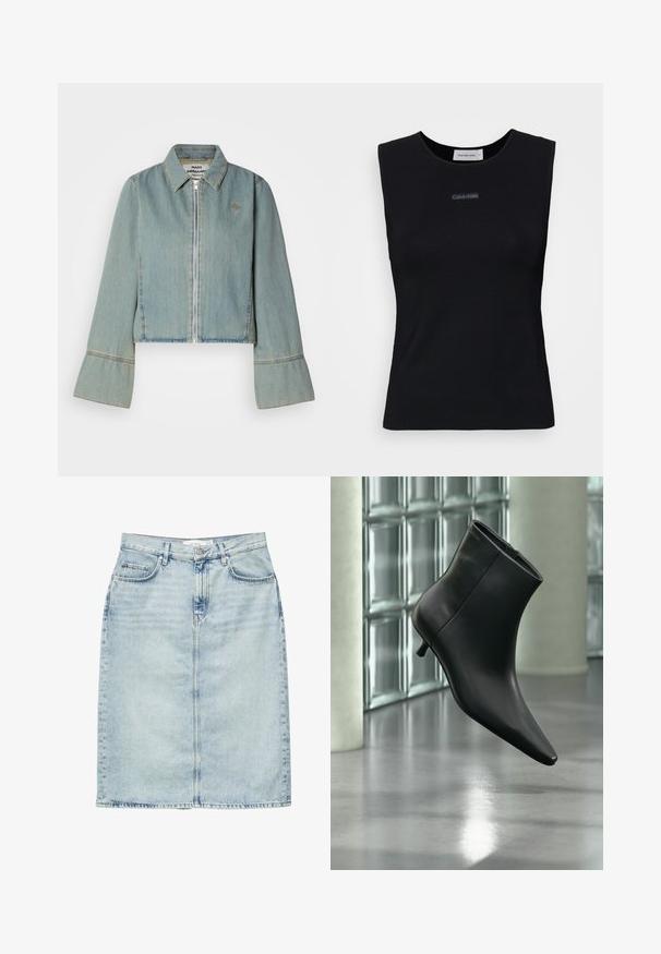 Kraftig denimjakke i lys blå med en frontlynlås, spidse kraver og klokkeærmer. Har subtile syninger og et broderet logo.; Sort ærmeløs top lavet af glat stof. Har en rund halsudskæring og et lille Calvin Klein-logo i midten. Simpelt og tætsiddende design.; Lyseblå denim nederdel til knæet med forlommer, bæltestropper og knaplukning.; Sort læderankelstøvle med spids tå og lav kitten-hæ, vist vinklet mod en poleret gulv- og glasblokvæg.