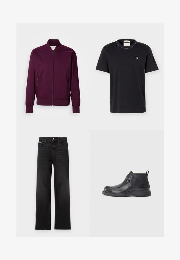 Μπορντό bomber jacket με φερμουάρ, ελαστικούς καρπούς και στρίφωμα. Διαθέτει πλευρικές τσέπες και μια διακριτική λογοτύπηση στο στήθος. Λείο υφαντό υλικό.; Μαύρο T-shirt με κοντά μανίκια και στρογγυλή λαιμόκοψη, με μικρό λευκό λογότυπο «cK» στο αριστερό στήθος, κλασική γραμμή, απλό σχέδιο.; Μαύρα τζιν με ευθεία γραμμή, σχεδίαση πέντε τσεπών, θηλιές για ζώνη και κλείσιμο με κουμπί, παρουσιασμένα σε λευκό φόντο.; Μαύρες δερμάτινες μπότες μέχρι τον αστράγαλο με στρογγυλή μύτη, σχέδιο με κορδόνια και λαβή στο πίσω μέρος. Υφή στο πάνω μέρος και ελαστική σόλα.