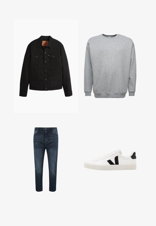 Schwarze Jeansjacke mit Knopfleiste vorne, zwei Brusttaschen mit Knöpfen, Seitentaschen, Kragen und langen Ärmeln.; Grauer Pullover aus weichem Material, mit Rundhalsausschnitt, langen Ärmeln, gerippten Bündchen und Saum. Einfaches Design ohne Muster oder Akzente.; BadRhino WASHED STRETCH - Jeans Straight Leg - blue; Weiße Leder-Sneaker mit schwarzen Wildlederelementen; verfügen über eine Gummisohle, eine runde Spitze und ein klassisches Schnürdesign. Seitliches Logo in Schwarz.