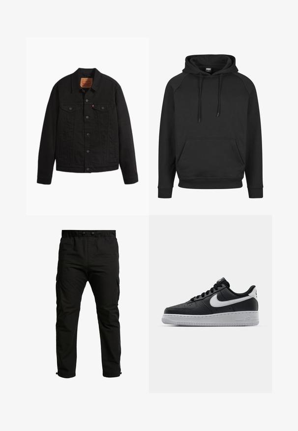 Schwarze Jeansjacke mit Knopfleiste vorne, zwei Brusttaschen mit Knöpfen, Seitentaschen, Kragen und langen Ärmeln.; Schwarzer Hoodie mit Kängurutasche, Kapuze mit Kordelzug und gerippten Bündchen. Hergestellt aus weichem Stoff mit klassischer Passform und Raglanärmeln.; Schwarze Cargo-Hose aus gewebtem Stoff mit seitlichen Taschen, elastischem Bund und verstellbaren Bündchen. Einfaches, funktionales Design.; Schwarze Ledersneaker mit strukturierten Oberflächen, weißem Nike-Swoosh, grauer Sohle, runder Zehenpartie und Schnürdesign. Verfügt über Perforationen an der Zehenbox.