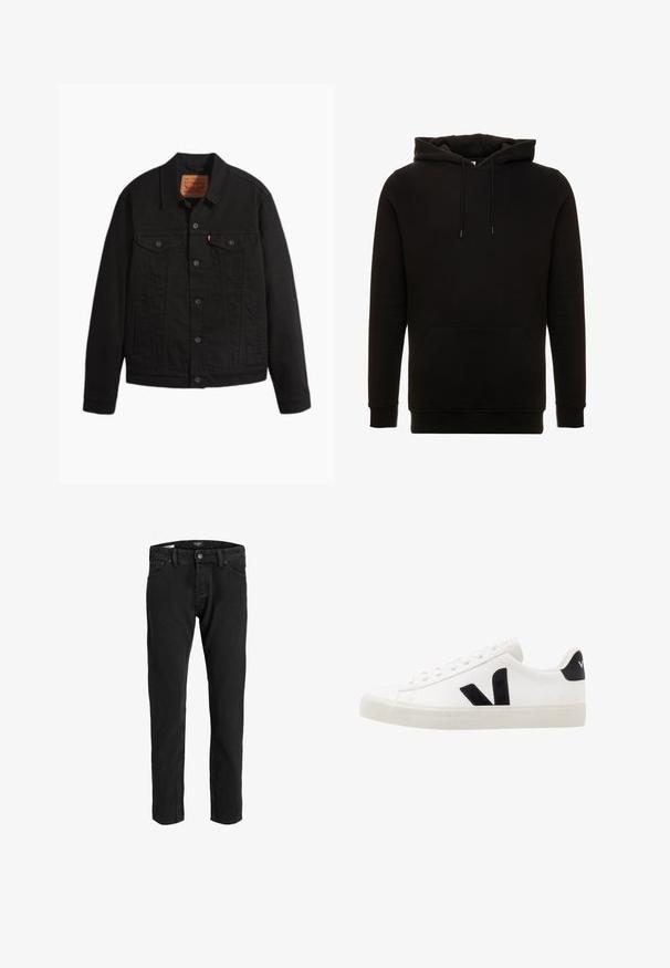 Schwarze Jeansjacke mit Knopfleiste vorne, zwei Brusttaschen mit Knöpfen, Seitentaschen, Kragen und langen Ärmeln.; Schwarzer Kapuzenpullover aus weichem Material. Mit einer Kängurutasche, verstellbaren Zugbändern sowie gerippten Bündchen und Saum. Schlichtes Design.; Schwarze Jeans aus Denim im Straight-Leg-Design, mit klassischer Fünf-Taschen-Struktur, metallischem Knopfverschluss und leichtem Verwaschungseffekt.; Weiße Leder-Sneaker mit schwarzen Wildlederelementen; verfügen über eine Gummisohle, eine runde Spitze und ein klassisches Schnürdesign. Seitliches Logo in Schwarz.