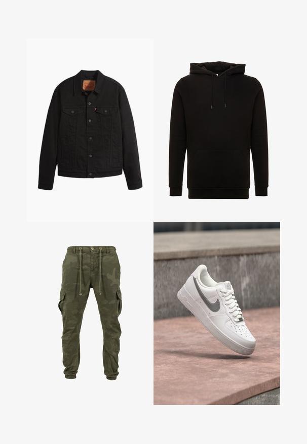 Sort denimjakke med knapper foran, to brystlommer med knapper, sidelommer, krave og lange ærmer.; Sort hættebluse lavet af blødt stof. Har en kængurulomme, justerbare snore og ribbede manchetter og kant. Enkelt design.; Herre olivengrønne camouflage cargobukser med snøre i taljen, knaplukning, sidelommer med klap og elastiske manchetter.; Hvid Nike Air Force 1 sneaker med gråt swoosh-logo svævende over en stensurface og en grå stenvæg i baggrunden.