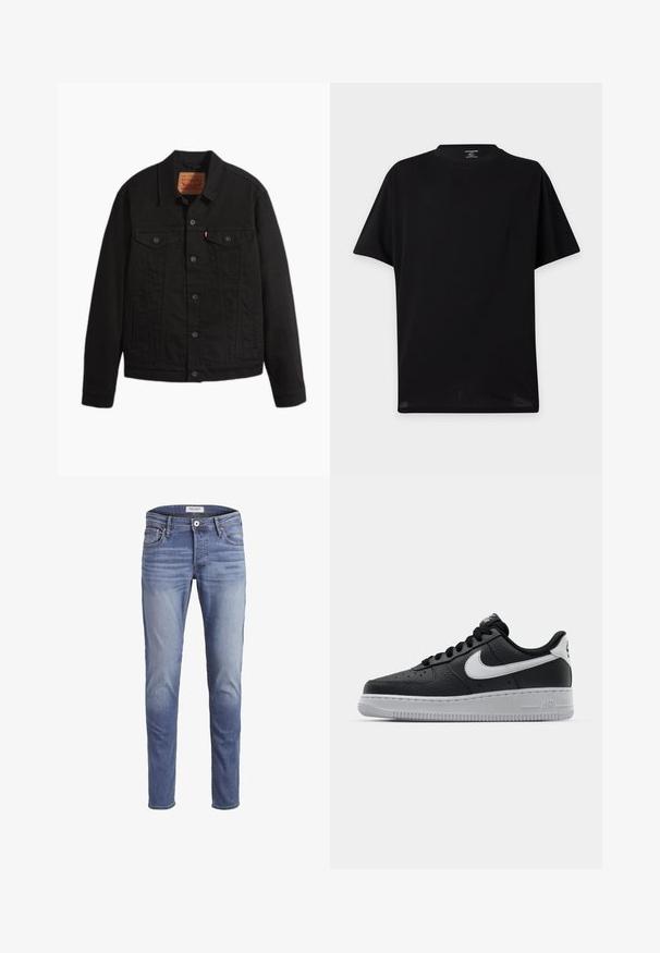 Schwarze Jeansjacke mit Knopfleiste vorne, zwei Brusttaschen mit Knöpfen, Seitentaschen, Kragen und langen Ärmeln.; Schlichtes schwarzes T-Shirt mit kurzen Ärmeln und Rundhalsausschnitt ohne sichtbare Logos oder Designs, dargestellt vor hellem Hintergrund.; Schmale blaue Jeans aus Denim, mit einer ausgeblichenen Waschung, fünf Taschen und einem Reißverschluss mit Knopfverschluss.; Schwarze Ledersneaker mit strukturierten Oberflächen, weißem Nike-Swoosh, grauer Sohle, runder Zehenpartie und Schnürdesign. Verfügt über Perforationen an der Zehenbox.