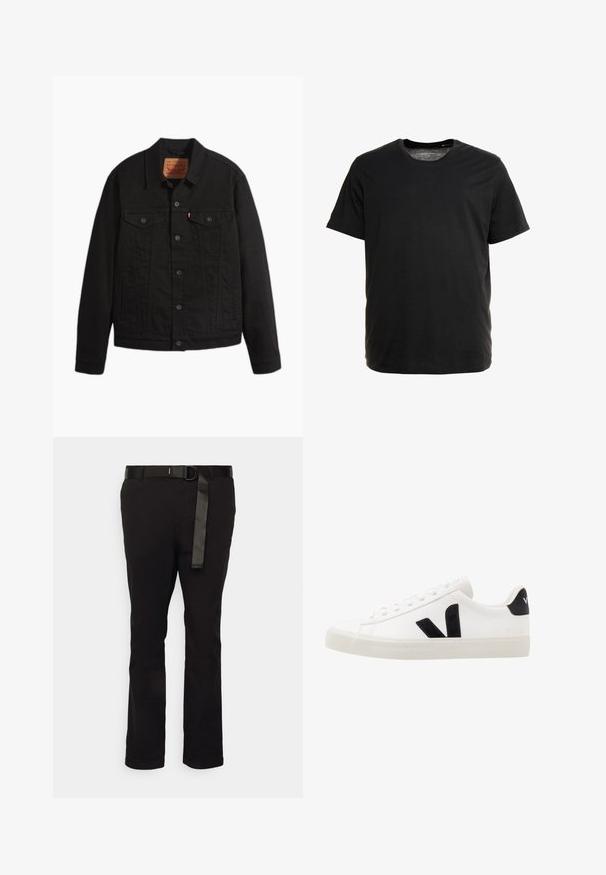 Schwarze Jeansjacke mit Knopfleiste vorne, zwei Brusttaschen mit Knöpfen, Seitentaschen, Kragen und langen Ärmeln.; Schwarzes Kurzarm-T-Shirt aus weichem Stoff, mit Rundhalsausschnitt und geradem Schnitt, ohne sichtbare Muster oder Grafiken.; Schwarze Hose mit geradem Bein Design, aus glattem Stoff gefertigt. Verfügt über einen dünnen, schwarzen Gürtel mit einer runden Schnalle und einer Stoffschlaufe.; Weiße Leder-Sneaker mit schwarzen Wildlederelementen; verfügen über eine Gummisohle, eine runde Spitze und ein klassisches Schnürdesign. Seitliches Logo in Schwarz.