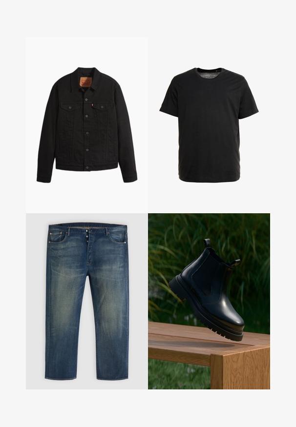 Schwarze Jeansjacke mit Knopfleiste vorne, zwei Brusttaschen mit Knöpfen, Seitentaschen, Kragen und langen Ärmeln.; Schwarzes Kurzarm-T-Shirt aus weichem Stoff, mit Rundhalsausschnitt und geradem Schnitt, ohne sichtbare Muster oder Grafiken.; Blaue Denim-Jeans mit Knopfverschluss, klassischem Fünf-Taschen-Design und verblasstem Detail an Oberschenkeln und Knien.; Schwarze Leder-Chelsea-Stiefel mit abgerundetem Zehenbereich, dicker Gummisohle und seitlichen elastischen Einsätzen, auf einer Holzoberfläche mit grünem Hintergrund präsentiert.