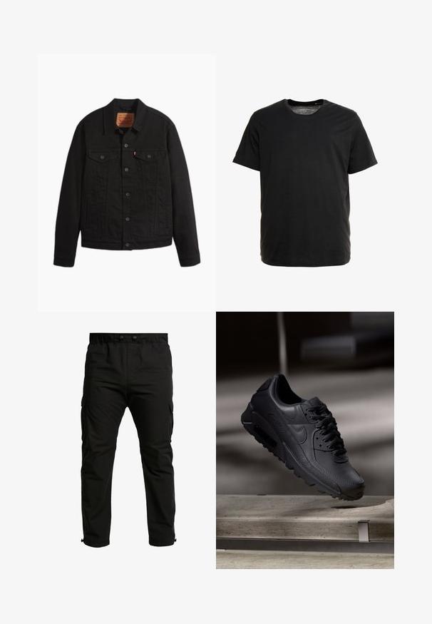 Schwarze Jeansjacke mit Knopfleiste vorne, zwei Brusttaschen mit Knöpfen, Seitentaschen, Kragen und langen Ärmeln.; Schwarzes Kurzarm-T-Shirt aus weichem Stoff, mit Rundhalsausschnitt und geradem Schnitt, ohne sichtbare Muster oder Grafiken.; Schwarze Cargo-Hose aus gewebtem Stoff mit seitlichen Taschen, elastischem Bund und verstellbaren Bündchen. Einfaches, funktionales Design.; Schwarze Nike Air Max Sneaker mit einem strukturierten Leder-Obermaterial, Gummisohle und auffälligem Schnürsystem, das ein schlankes, modernes Design präsentiert.