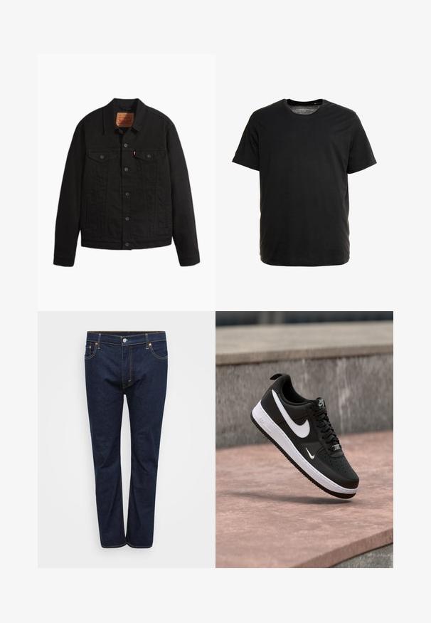 Sort denimjakke med knapper foran, to brystlommer med knapper, sidelommer, krave og lange ærmer.; Sort kortærmet t-shirt lavet af blødt stof, med rund hals og lige snit, uden synlige mønstre eller grafik.; Mørkeblå denim jeans med lige ben, der har synlige stikninger i kontrasterende gul, fem lommer og en frontlukning med knap.; Sort-hvid Nike Air Force 1 sneaker svævende over en lyserød betonflade med en grå stenbaggrund.
