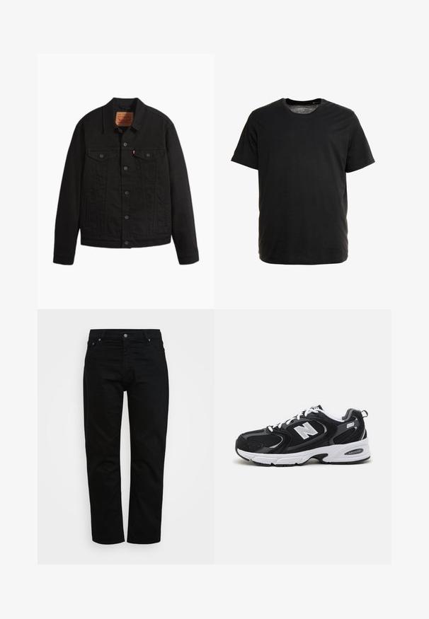 Sort denimjakke med knapper foran, to brystlommer med knapper, sidelommer, krave og lange ærmer.; Sort kortærmet t-shirt lavet af blødt stof, med rund hals og lige snit, uden synlige mønstre eller grafik.; Sorte jeans lavet af bomuld, med klassisk snit, fem-lomme design og metalknaplukning. Glat tekstur med lige ben.; Sorte og grå sportssko med mesh og ruskind på overdelen, der har en hvid mellemsål, snørebånd og et iøjnefaldende "N" logo på siden.