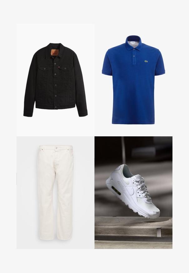 Sort denimjakke med knapper foran, to brystlommer med knapper, sidelommer, krave og lange ærmer.; Lacoste PH4012_166 - Poloshirts - methylene; Hvide denim jeans med lige ben, der har en knaplukning, bæltestropper og to sidelommer. Glat tekstur, minimal detaljering.; Hvide Nike Air Max 90 sneakers med en overdel i mesh og læder, perforeret tåboks og en synlig luftenhed i hælen.