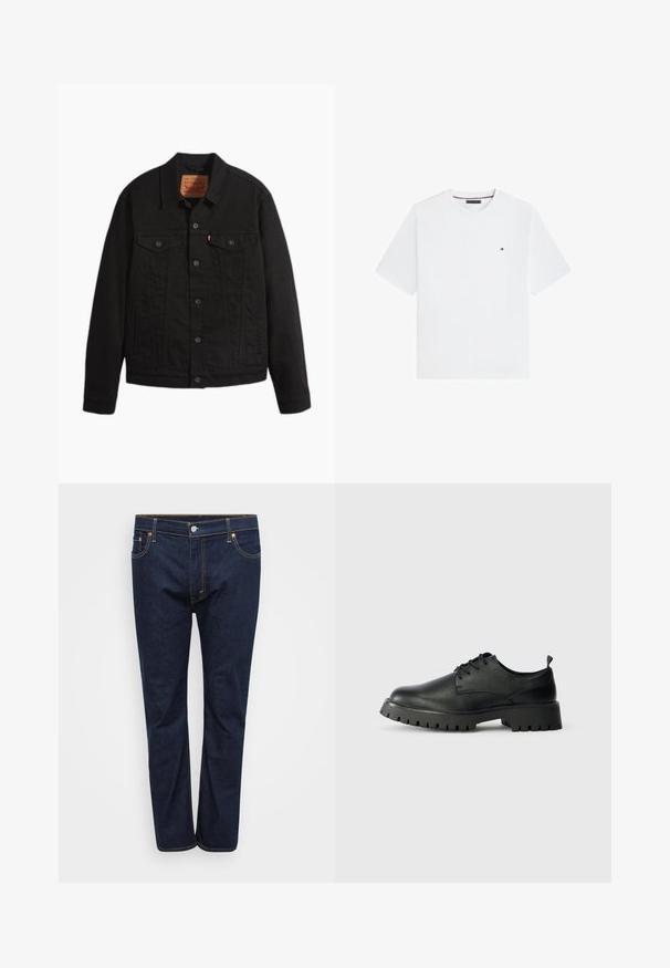Sort denimjakke med knapper foran, to brystlommer med knapper, sidelommer, krave og lange ærmer.; Hvid t-shirt med korte ærmer, rund hals og lille Tommy Hilfiger-logo på venstre bryst.; Mørkeblå denim jeans med lige ben, der har synlige stikninger i kontrasterende gul, fem lommer og en frontlukning med knap.; Sorte læder snøresko med rund tå, tekstureret overflade og kraftig gummisål med dybe riller for bedre greb.