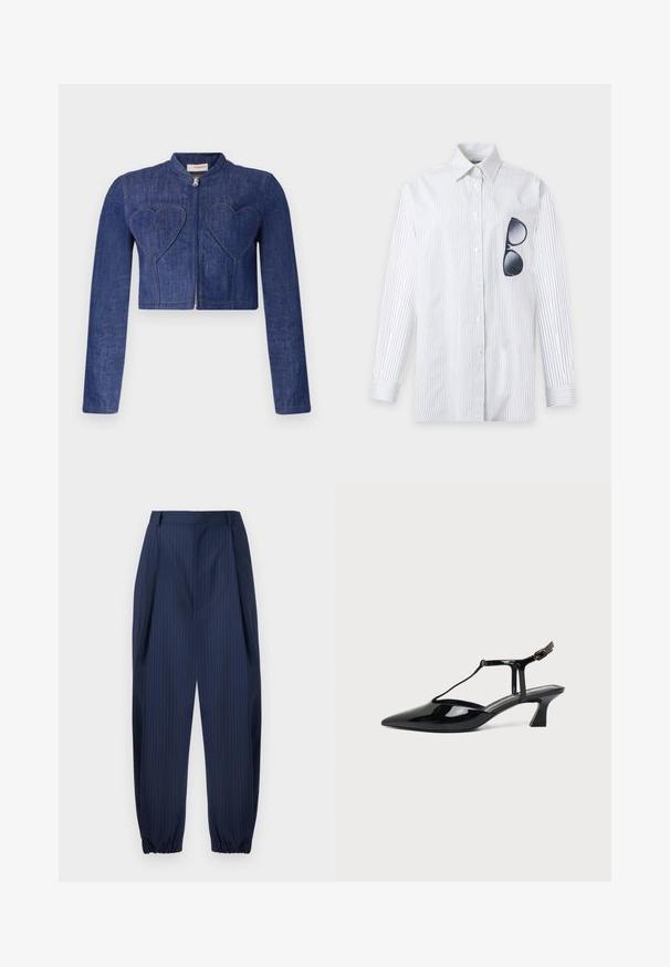 Chaqueta de mezclilla corta en azul oscuro con mangas largas, cierre de cremallera y parches en forma de corazón en el frente. Presenta costuras visibles.; Camisa blanca de manga larga con botones, con finas rayas verticales negras y gafas de sol negras colgadas en el bolsillo izquierdo del pecho.; Pantalones entallados de raya diplomática azul marino con puños elásticos, trabillas para cinturón y cierre frontal oculto.; Zapato slingback de cuero charol negro con punta fina, tira en T y tacón bajo en bloque inclinado sobre fondo blanco.