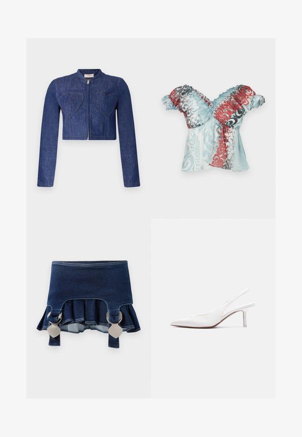 Tmavomodrá džínová skrátená bunda s dlhými rukávmi, zipsom a nášivkami v tvare srdca na prednej strane. Obsahuje viditeľné švy.; Paolina Russo BABBY DOLL - Top - blue crush; Džínová sukňa s rozšíreným spodkom. Obsahuje dve nastaviteľné šedé spony, tmavomodrú farbu a kontrastné švy pozdĺž lemu.; Biela dámska obuv na opätku typu slingback z kože s špicatou špičkou, nízkym opätkom a malou ozdobnou mašľou na vrchu, zobrazená z bočného profilu.