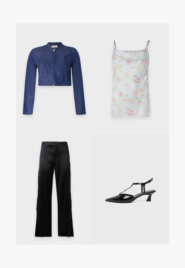 Jeans gecropped jasje in donkerblauw met lange mouwen, ritssluiting en hartvormige patches op de voorkant. Bevat zichtbare stiksels.; Rabanne Top - pink/blue/green/yellow; Zwarte satijnen broek met brede pijpen, voorzien van franjes langs de zijnaden en een platte tailleband aan de voorkant. Eenvoudige achterkant zonder zakken.; Zwarte pumps van lakleer met spits toelopende neus, T-strap en lage schuine blokhak op witte achtergrond.