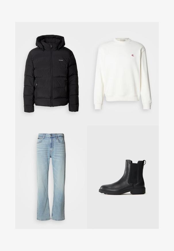 Schwarze Pufferjacke mit Reißverschluss vorne und verstellbarem Kapuze. Sie verfügt über gesteppten Einsätze, zwei Seitentaschen und ein kleines Logo auf der Brust.; Weißes Crewneck-Sweatshirt aus Baumwolle mit kleinem rotem "ck"-Logo auf der Brust, gerippten Bündchen und Saum. Einfache, glatte Textur.; Hellblaue Jeans aus Denim mit geradem Bein, ausgestattet mit fünf Taschen, einem Knopfverschluss und subtilen Verwaschungen im Stoff.; Schwarze Leder-Stiefelette mit elastischen Seiteneinsätzen, Zugschlaufe an der Ferse und niedrigem Blockabsatz vor einem schlichten Hintergrund.