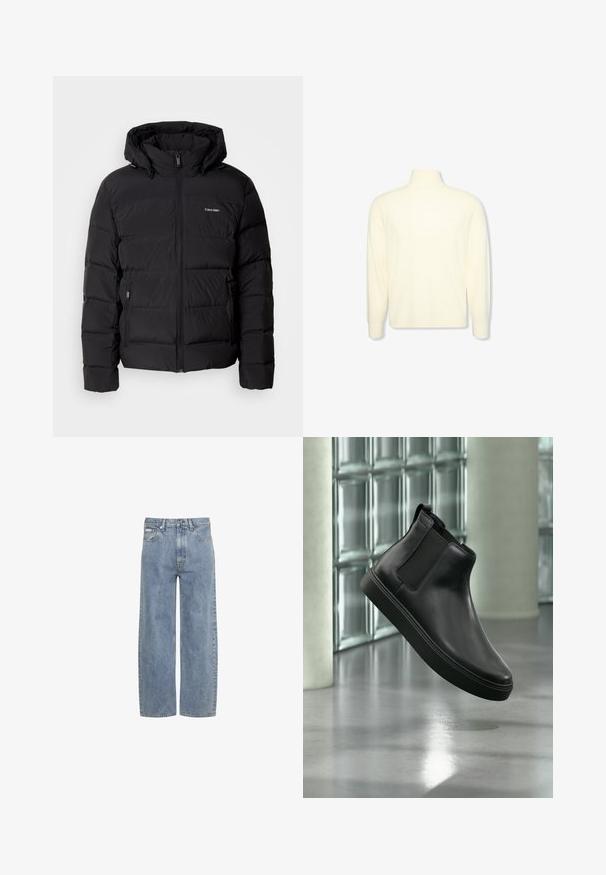 Veste doudoune noire avec fermeture éclair à l'avant et capuche ajustable. Présente des panneaux matelassés, deux poches latérales et un petit logo sur la poitrine.; Pull col roulé crème à manches longues avec des poignets côtelés et un logo discret sur la poitrine, présenté sur un fond blanc uni.; Jean bleu clair droit avec fermeture éclair et bouton à l'avant, passants de ceinture et design cinq poches.; Bottine en cuir noir avec panneaux latéraux élastiques flottant au-dessus d'un sol en béton poli et des blocs de verre en arrière-plan.