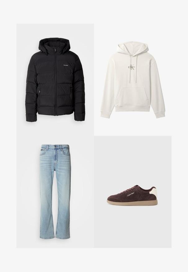 Chaqueta de plumón negra con cremallera frontal y capucha ajustable. Presenta paneles acolchados, dos bolsillos laterales y un pequeño logo en el pecho.; Sudadera blanca con capucha, bolsillo delantero y cordones, con un pequeño logo de Calvin Klein en el centro del pecho.; Jeans de mezclilla azul claro con corte recto, que cuentan con cinco bolsillos, un cierre de botón y un ligero desvanecimiento en la tela.; Zapatillas de ante marrón con un acento en el talón de color beige claro, presentan un logotipo blanco en el lateral, punta redonda y suela de goma beige.
