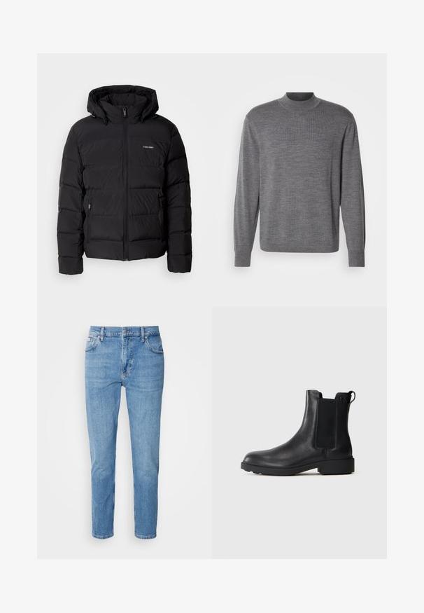 Sort puffet jakke med lynlås foran og justerbar hætte. Har quiltede paneler, to sidelommer og et lille logo på brystet.; Grå langærmet sweater lavet af strikket materiale, med en høj hals og et subtilt logo på brystet. Glat tekstur og tætsiddende design.; Lys blå denim jeans med lige snit, fem-lomme design og subtilt slid. Har knaplukning og bæltestropper.; Sort læder ankelstøvle med elastiske sidepaneler, træksnor ved hælen og lav bloksål mod en ensfarvet baggrund.