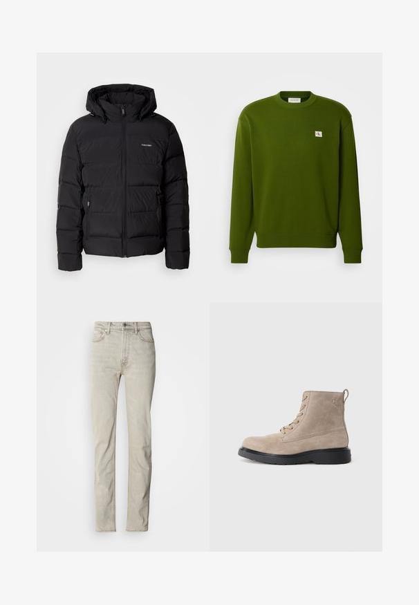 Sort puffet jakke med lynlås foran og justerbar hætte. Har quiltede paneler, to sidelommer og et lille logo på brystet.; Grøn bomulds sweatshirts med rund hals, ribbede manchetter og kant. Har et lille broderet logo i den øverste venstre hjørne.; Beige denimjeans med lige ben, fem-lomme-design og knaplukning. Har en subtil tekstur og minimale syningsdetaljer.; Beige ruskindsankelstøvler med sort gummisål, snørelukning og et lille logo præget på siden, med en løftestrop bagpå.