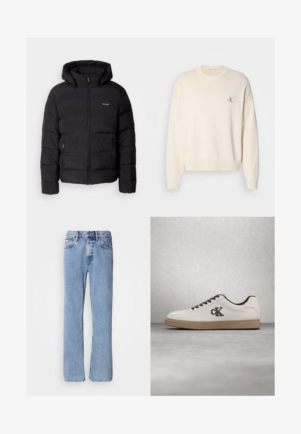 Sort puffet jakke med lynlås foran og justerbar hætte. Har quiltede paneler, to sidelommer og et lille logo på brystet.; Kremfarvet strikket sweater med ribbet tekstur, rund halsudskæring og drop-skuldrer. Har et lille brunt broderet logo på brystet.; Lyseblå denimjeans med lige ben design, fem lommer og knaplukning. Syninger nær lommer og talje.; Hvid sneakers med brune accenter, ruskindsmateriale, flade snørebånd og gummisål. Har en logo på siden og en glat tekstur.