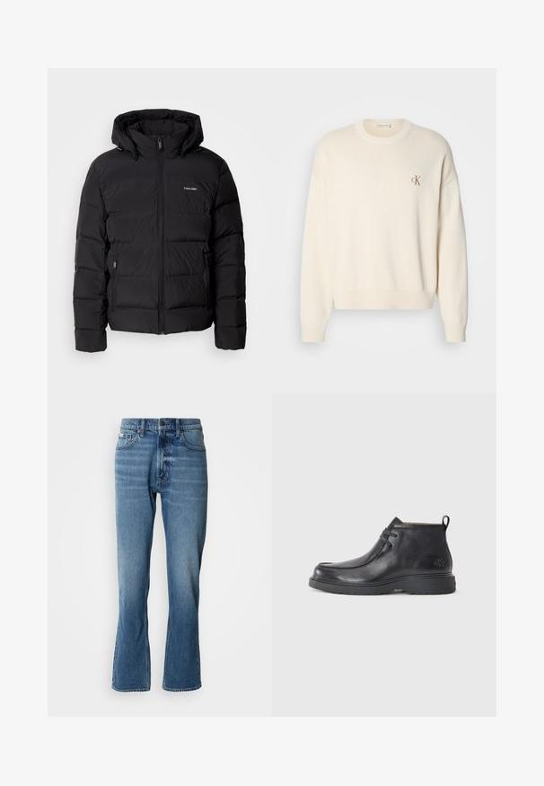Veste doudoune noire avec fermeture éclair à l'avant et capuche ajustable. Présente des panneaux matelassés, deux poches latérales et un petit logo sur la poitrine.; Pull en tricot couleur crème avec une texture côtelée, col rond et épaules tombantes. Présente un petit logo brodé marron sur la poitrine.; Jeans en denim bleu clair avec une coupe droite et une légère évasée. Comprend cinq poches, une fermeture à bouton et des détails de décoloration subtils.; Bottes noires en cuir à talon arrondi, avec un design à lacets et une languette à l'arrière. Tige texturée et semelle en caoutchouc.