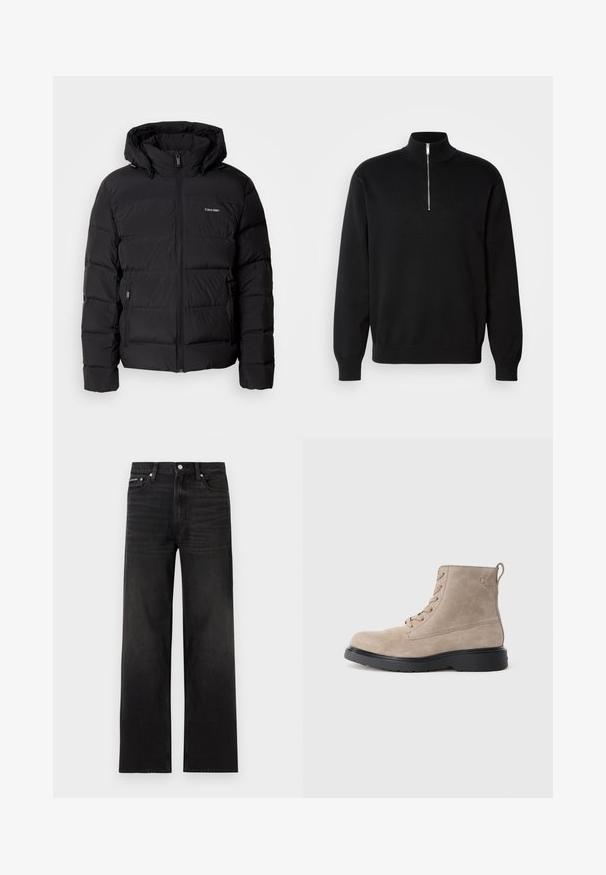 Schwarze Pufferjacke mit Reißverschluss vorne und verstellbarem Kapuze. Sie verfügt über gesteppten Einsätze, zwei Seitentaschen und ein kleines Logo auf der Brust.; Schwarzer Zip-Kragen-Pullover aus glattem Stoff, mit hohem Kragen und langen Ärmeln, mit einem dezenten Logo auf der Brust.; Schwarze Jeans mit geraden Beinen, fünf Taschen, Gürtelschlaufen und Knopfverschluss, auf weißem Hintergrund dargestellt.; Beige Wildleder-Ankle Boots mit schwarzer Gummisohle, Schnürdesign und kleinem, seitlich eingeprägtem Logo, ausgestattet mit einer Zuglasche am Hinterkopf.
