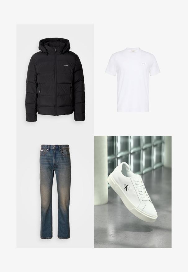Sort puffet jakke med lynlås foran og justerbar hætte. Har quiltede paneler, to sidelommer og et lille logo på brystet.; Hvid T-shirt med korte ærmer og rund hals med lille sort Calvin Klein-logo på venstre bryst.; Højtaljede blå jeans lavet af denim, med et lige ben-design, falmede slidte lapper og traditionel fem-lomme stil.; Hvid Calvin Klein sneaker med snørebånd, vist svævende over en poleret betongulv og en baggrund af glasblokke.