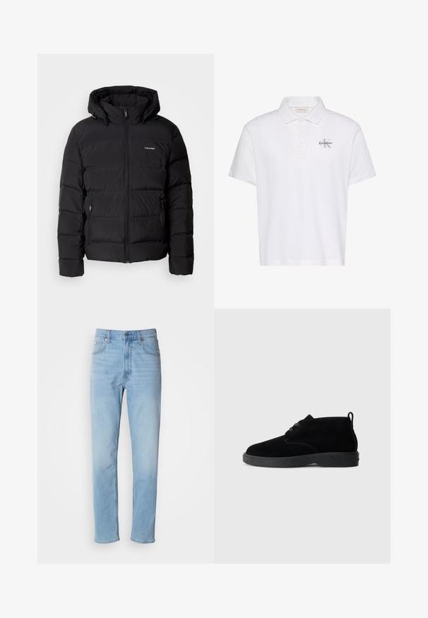 Chaqueta de plumón negra con cremallera frontal y capucha ajustable. Presenta paneles acolchados, dos bolsillos laterales y un pequeño logo en el pecho.; Polo blanco de manga corta con cuello, tapeta de tres botones y pequeño logo gris de Calvin Klein en el pecho izquierdo.; Jeans de mezclilla azul claro con un corte recto, cinco bolsillos y trabillas para cinturón. La tela presenta una textura suave con un ligero efecto de desvanecimiento.; Botas de tobillo de ante negro con punta redondeada, diseño de cordones, suela de goma negra y una lengüeta en la parte trasera para facilitar su uso.