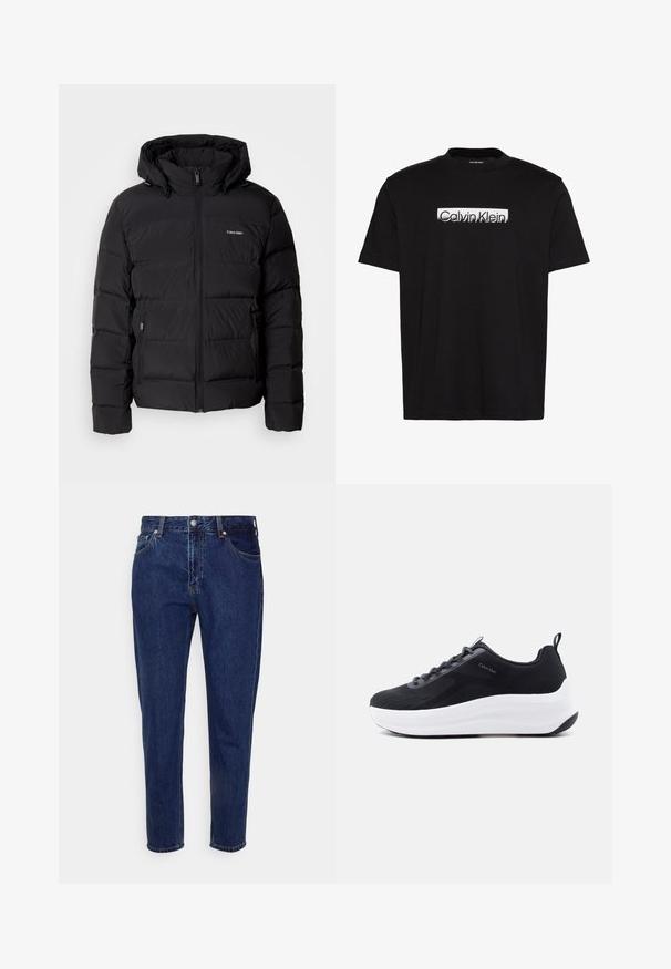 Schwarze Pufferjacke mit Reißverschluss vorne und verstellbarem Kapuze. Sie verfügt über gesteppten Einsätze, zwei Seitentaschen und ein kleines Logo auf der Brust.; Schwarzes T-Shirt mit kurzen Ärmeln und einem weißen rechteckigen Etikett über der Brust, auf dem "Calvin Klein" in schwarzem Text steht.; Dunkelblaue Jeans mit geradem Bein, vorderer Knopf- und Reißverschluss, Gürtelschlaufen sowie Vorder- und Gesäßtaschen.; Schwarzer Sneaker mit niedrigem Schaft, weißer dicker Sohle, gemusterten Schnürsenkeln, Zuglasche an der Ferse und kleinem Calvin Klein Logo an der Seite.