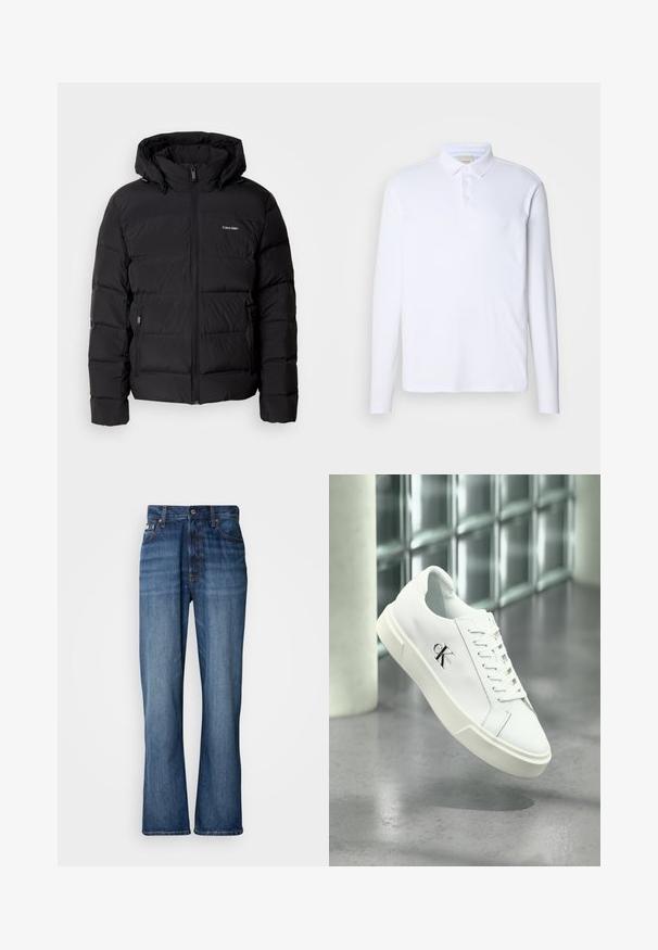 Zwarte pufferjas met een ritssluiting aan de voorkant en een verstelbare capuchon. Bevat gequiltte panelen, twee zijzakken en een klein logo op de borst.; Wit poloshirt met lange mouwen van zachte stof, met een klassieke kraag, een drie-knopen sluiting en een subtiele logo op de borst.; Blauwe denim jeans met een hoge taille, uitlopende pijpen, vijf-vaks ontwerp en tonale stiksels. Bevat een knopenfly en gestikte zakken.; Witte Calvin Klein sneaker met veters, zwevend getoond boven een gepolijste betonnen vloer en een achtergrond van glasblokken.