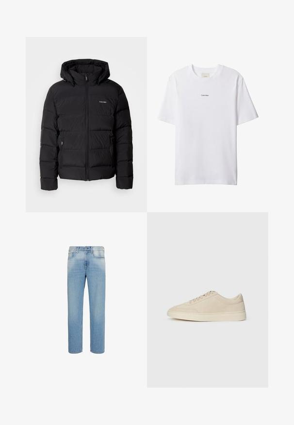 Sort puffet jakke med lynlås foran og justerbar hætte. Har quiltede paneler, to sidelommer og et lille logo på brystet.; Hvid bomuld t-shirt med rund hals og korte ærmer. Har en lille sort "Calvin Klein"-logo centreret på brystet.; Lyseblå jeans med lige ben, forlommer, bæltestropper og knaplukning, vist mod en hvid baggrund.; Beige ruskind lavtop sneakers med snørebånd, rund tå og en tyk gummisål, vist i højre sideprofil på en hvid baggrund.