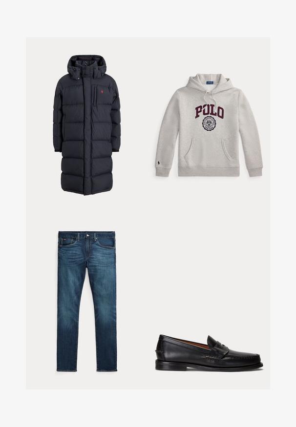 Langer schwarzer, wattierter Wintermantel mit Kapuze, Fronttaschen, vertikalem Reißverschluss an der Brusttasche und kleinem rotem Logo auf der linken Brust.; Hellgrauer Hoodie mit "POLO" in großen bordeauxroten Buchstaben und einem runden Polo Ralph Lauren New York Emblem darunter auf der Vorderseite.; Dunkelblaue Slim-Fit-Jeans mit vorderem Knopf und Reißverschluss, fünf Taschen sowie dezenter Verfärbung an den vorderen Oberschenkeln und Knien.; Schwarzer Lederloafer mit niedrigem Absatz und Pennyriemendetail, von der Seite auf hellgrauem Hintergrund gezeigt.
