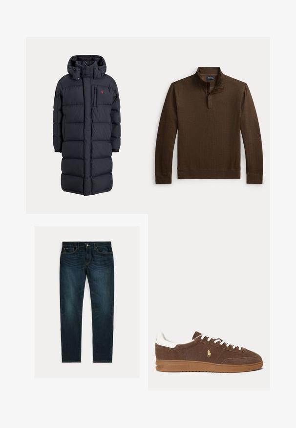 Langer schwarzer, wattierter Wintermantel mit Kapuze, Fronttaschen, vertikalem Reißverschluss an der Brusttasche und kleinem rotem Logo auf der linken Brust.; Brauner Langarm-Pullover mit Fischgrätenmuster, Viertelreißverschluss und Stehkragen, Polo Ralph Lauren-Label innen im Kragen.; Dunkelblaue Slim-Fit-Jeans mit leichtem Verblassen und Fünf-Taschen-Design, flach auf weißem Hintergrund liegend.; Brauner Wildleder-Sneaker mit weißen Schnürsenkeln und Ferse, Gummisohle und goldenem Ralph Lauren Pferdelogo an der Seite.