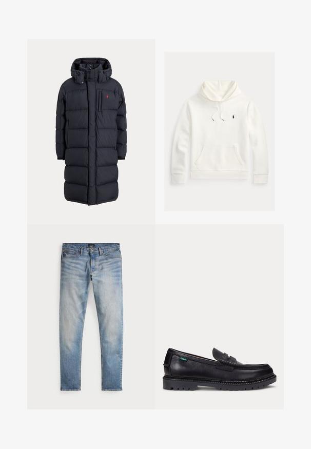 Abrigo de invierno largo negro acolchado con capucha, bolsillos frontales, bolsillo vertical con cremallera en el pecho y pequeño logo rojo en el pecho izquierdo.; Sudadera con capucha blanca con bolsillo frontal tipo canguro, capucha con cordón y pequeño logo bordado en negro de Polo Ralph Lauren en el pecho izquierdo.; Jeans de mezclilla azul claro con un acabado desteñido, diseño de cinco bolsillos y costuras en contraste. Incluyen un cierre de cremallera y trabillas para cinturón. Corte recto.; Mocasín de cuero negro con suela gruesa estriada y pequeña etiqueta verde "Polo" en el lado exterior cerca del talón.