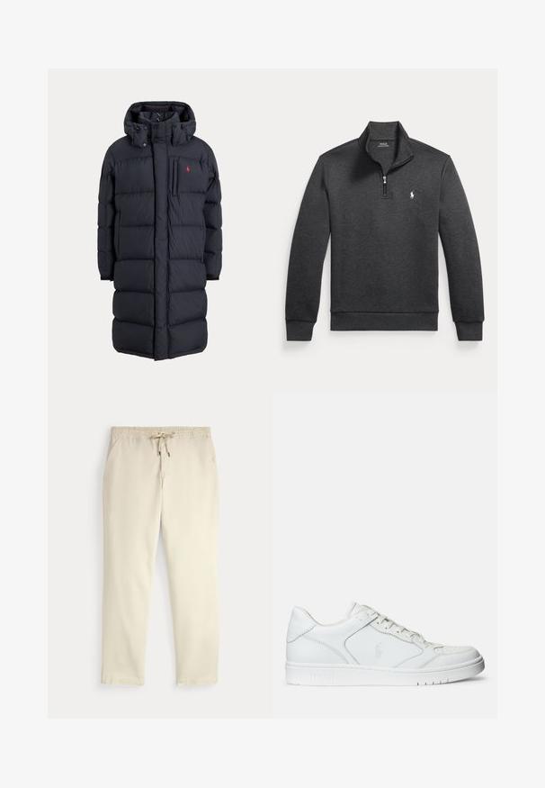 Abrigo de invierno largo negro acolchado con capucha, bolsillos frontales, bolsillo vertical con cremallera en el pecho y pequeño logo rojo en el pecho izquierdo.; Sudadera gris oscuro de manga larga con cremallera hasta el cuarto, cuello alto y pequeño logo blanco de Polo Ralph Lauren en el pecho izquierdo.; Pantalones casuales color blanco roto con cinturilla elástica y cordón, piernas rectas y bolsillos laterales sobre un fondo liso.; Zapatilla de cuero blanca con textura suave, que presenta una puntera perforada, cierre de cordones y logo bordado en el lateral. Suela de goma blanca.