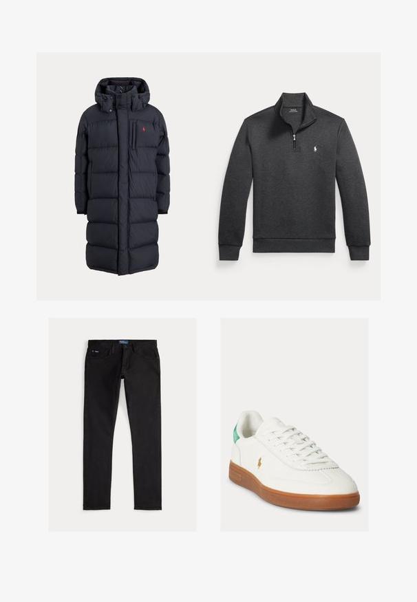Langer schwarzer, wattierter Wintermantel mit Kapuze, Fronttaschen, vertikalem Reißverschluss an der Brusttasche und kleinem rotem Logo auf der linken Brust.; Dunkelgraues Sweatshirt mit langen Ärmeln und Viertel-Reißverschluss, hohem Kragen und kleinem weißem Polo Ralph Lauren-Logo auf der linken Brust.; Schwarze Slim-Fit-Denimjeans mit fünf Taschen, Gürtelschlaufen und einem blauen Markentag am Bund. Glatter, strapazierfähiger Stoff.; Weißer Schnürsneaker mit brauner Gummisohle, grünem Fersenlasche und kleinem goldfarbenem Polo-Spieler-Logo an der Außenseite.