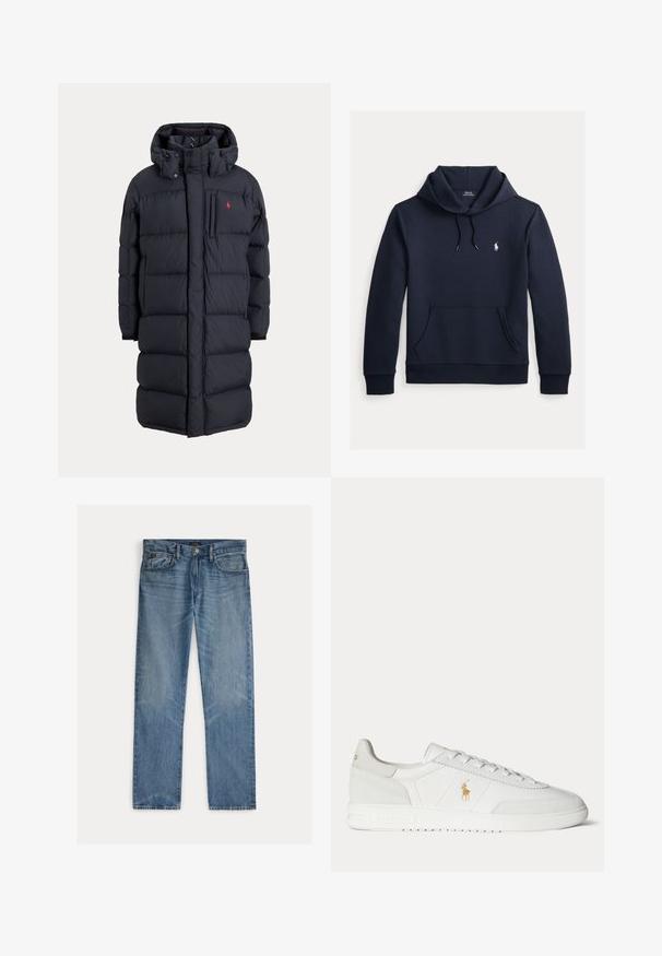Lange zwarte gewatteerde winterjas met capuchon, voorzakken, verticale ritssluiting op de borstzak en een klein rood logo op de linkerborst.; Donker marineblauwe hoodie met voorkangoeroezak, capuchon met trekkoord, lange mouwen en klein wit Polo Ralph Lauren-logo op de borst.; Lichtblauwe spijkerbroek met een rechte snit, voorzien van vijf zakken, een knoopsluiting en subtiele vervagingen in de stof.; Witte lage sneaker met vetersluiting, gouden Polo Ralph Lauren-logo aan de zijkant en een gestructureerde zool op een effen achtergrond.